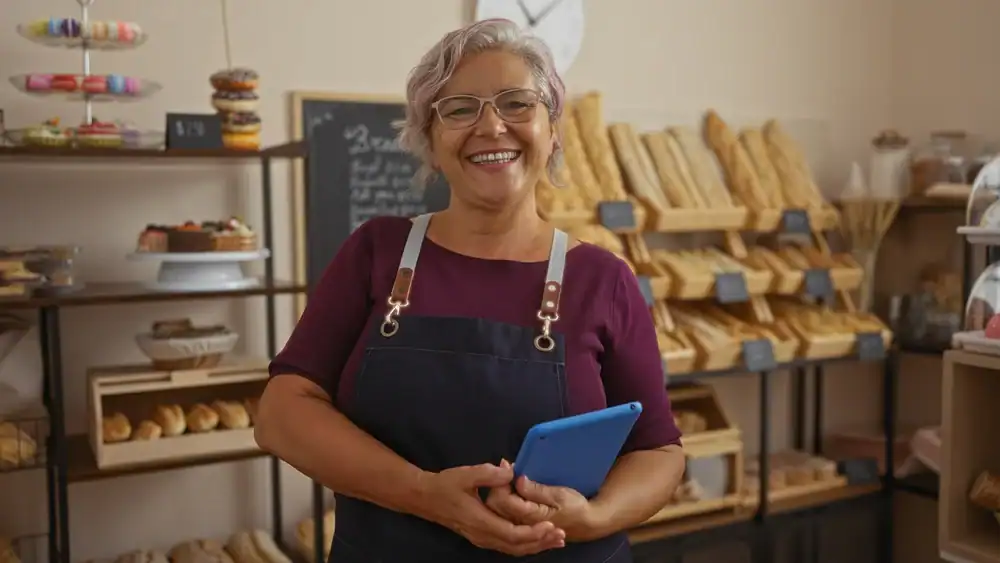 Smiling woman with gray hair and glasses, wearing a dark apron, stands in a bakery holding a blue tablet. Shelves behind her are filled with baguettes, bread, and pastries.
